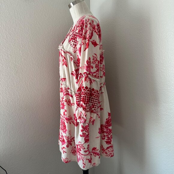 Anthropologie Red Cream Floral V-Neck Long Sleeve Tiered Dress Embroidered M - Picture 5 of 16